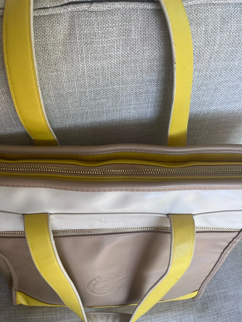 Isaac Mizrahi Cream & Yellow Leather Tote with Removable Computer Sleeve